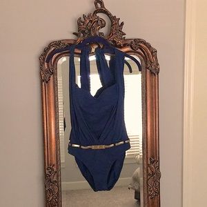 🌷5/$40. Beautiful Slate Blue Retro One Piece Belted Swimsuit